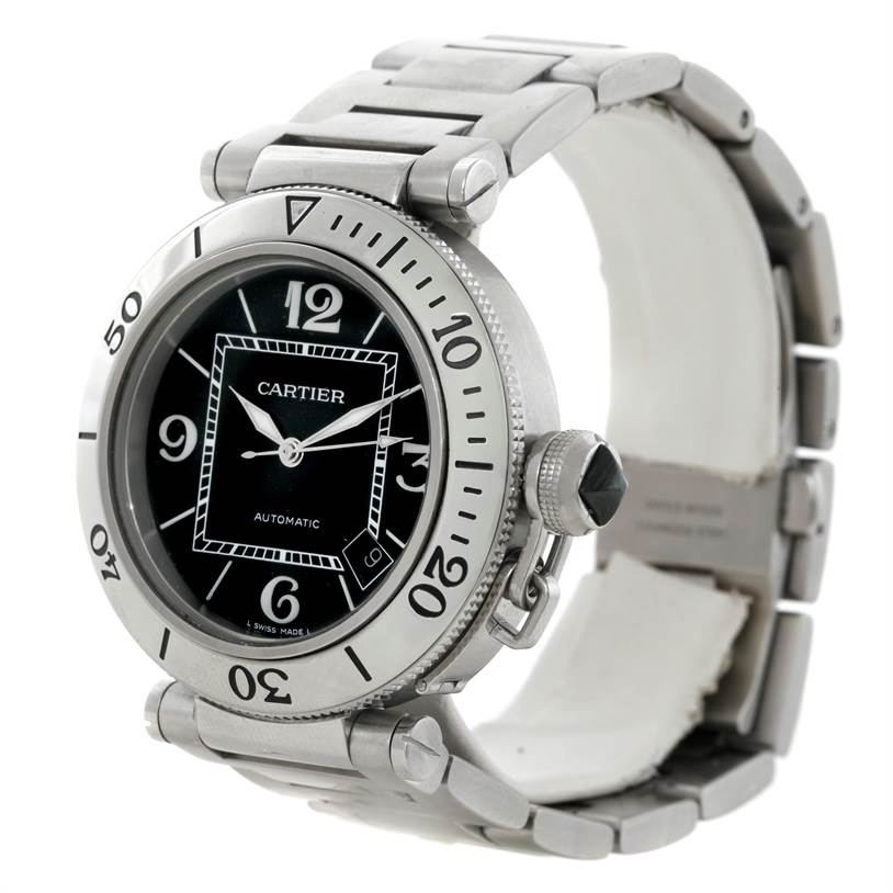 The image shows a Cartier Pasha W31077M7 Men's Stainless Steel Black Dial W31077M7 Men's Stainless Steel Black Dial watch at a three-quarter angle, displaying the face, bezel, crown, and part of the bracelet.