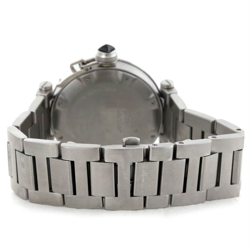 This image shows a rear view of the Cartier Pasha W31077M7 Men's Stainless Steel Black Dial W31077M7 Men's Stainless Steel Black Dial watch, featuring the back case and stainless steel bracelet.