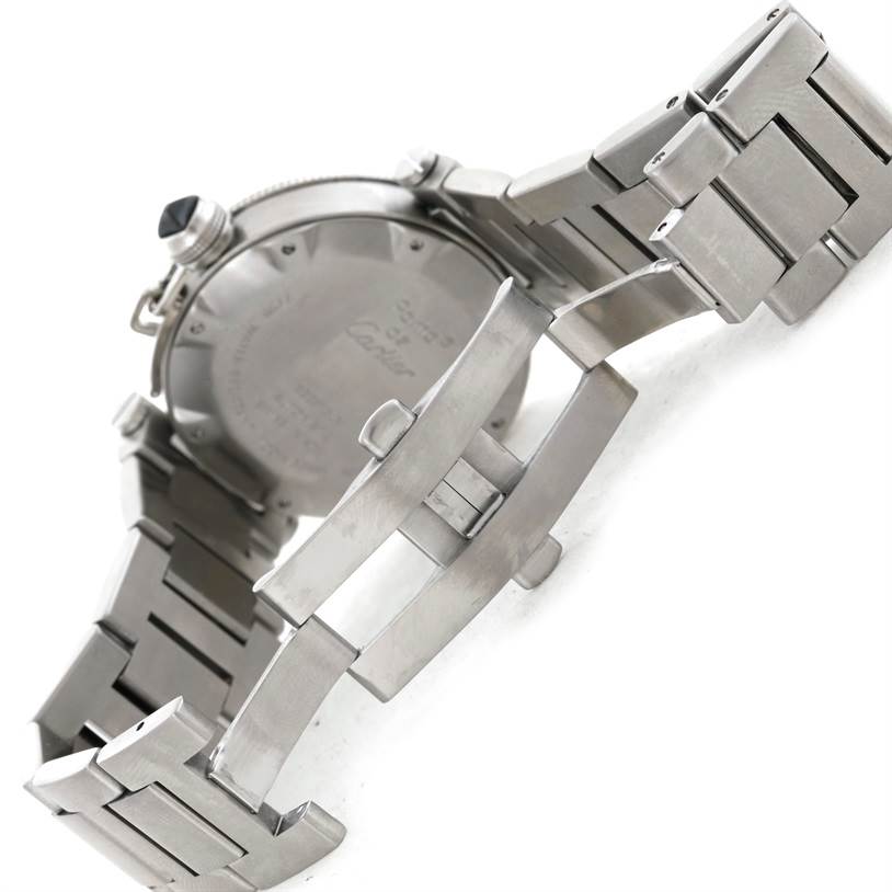 This image shows the clasp and partially opened bracelet of the Cartier Pasha W31077M7 Men's Stainless Steel Black Dial W31077M7 Men's Stainless Steel Black Dial watch, viewed from the side and back.