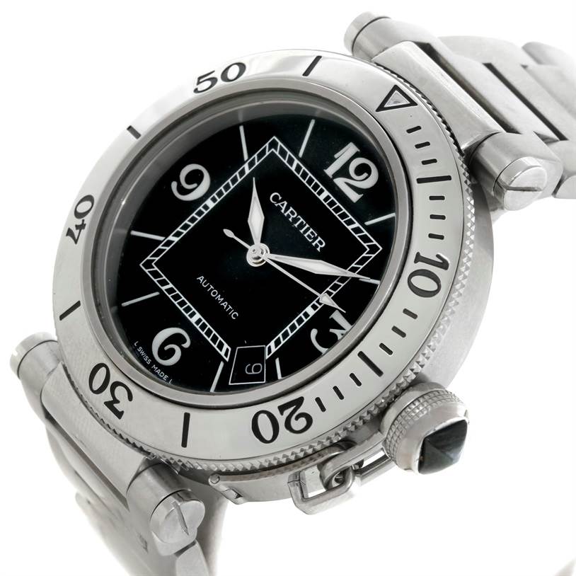 The image shows a close-up angle of the Cartier Pasha W31077M7 Men's Stainless Steel Black Dial W31077M7 Men's Stainless Steel Black Dial watch, displaying its face, bezel, and part of the bracelet.