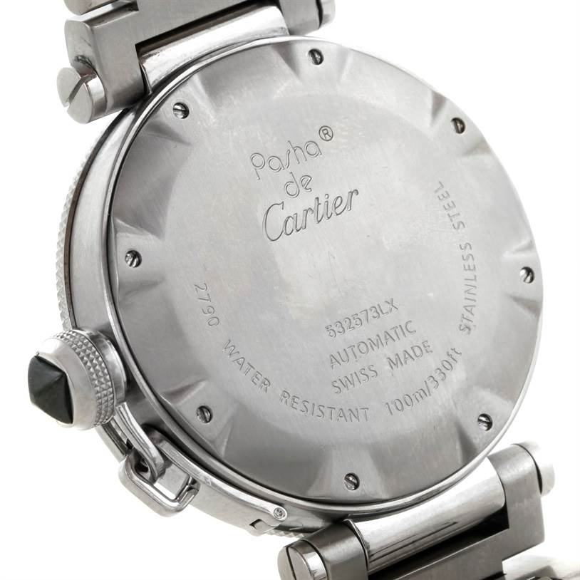 The image shows the back case and part of the bracelet of a Cartier Pasha W31077M7 Men's Stainless Steel Black Dial W31077M7 Men's Stainless Steel Black Dial watch.