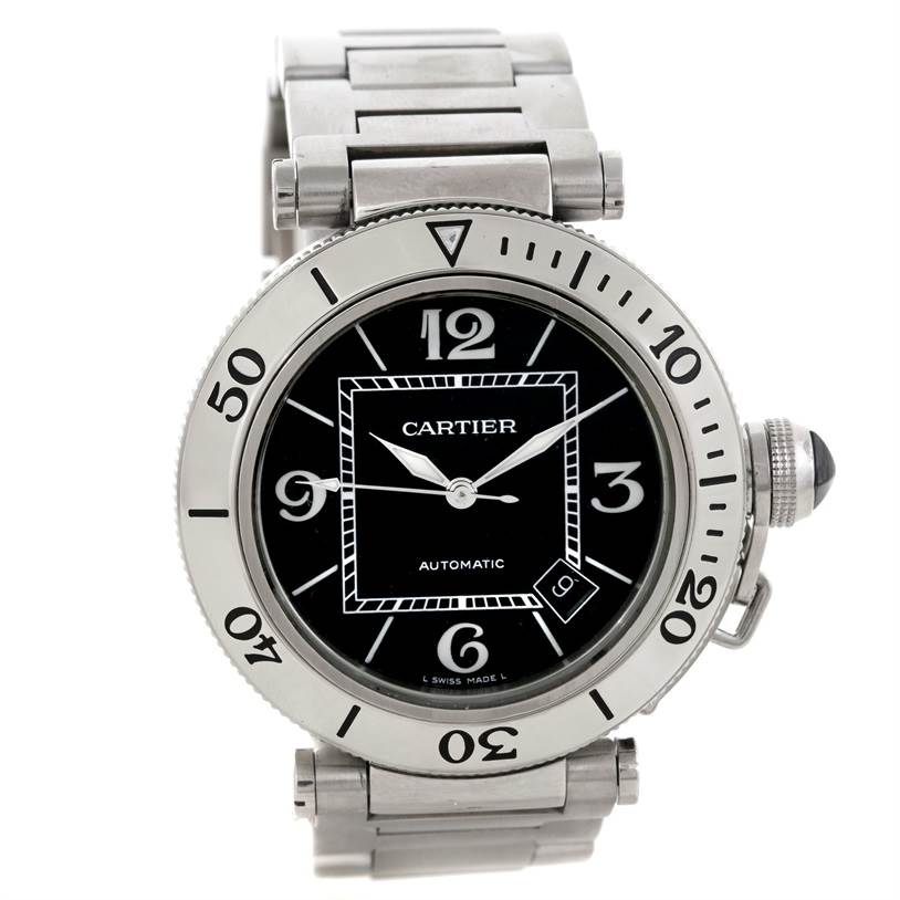 The image shows a front view of a Cartier Pasha W31077M7 Men's Stainless Steel Black Dial W31077M7 Men's Stainless Steel Black Dial watch, highlighting its face, bezel, and bracelet.