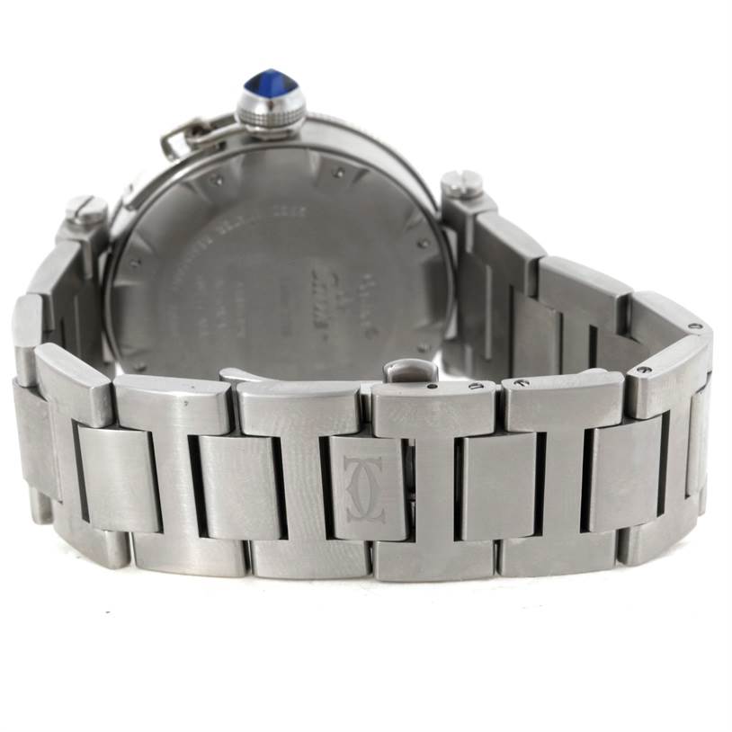 The image shows the back and bracelet of a Cartier Pasha W31080M7 Men
s Stainless Steel Silver Dial W31080M7 Men
s Stainless Steel Silver Dial watch, featuring its caseback and stainless steel links.