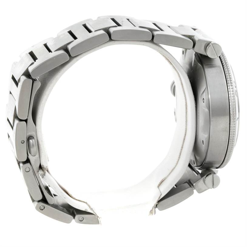 This side view of the Cartier Pasha W31080M7 Men
s Stainless Steel Silver Dial W31080M7 Men
s Stainless Steel Silver Dial watch shows the metal bracelet, crown, and part of the case.