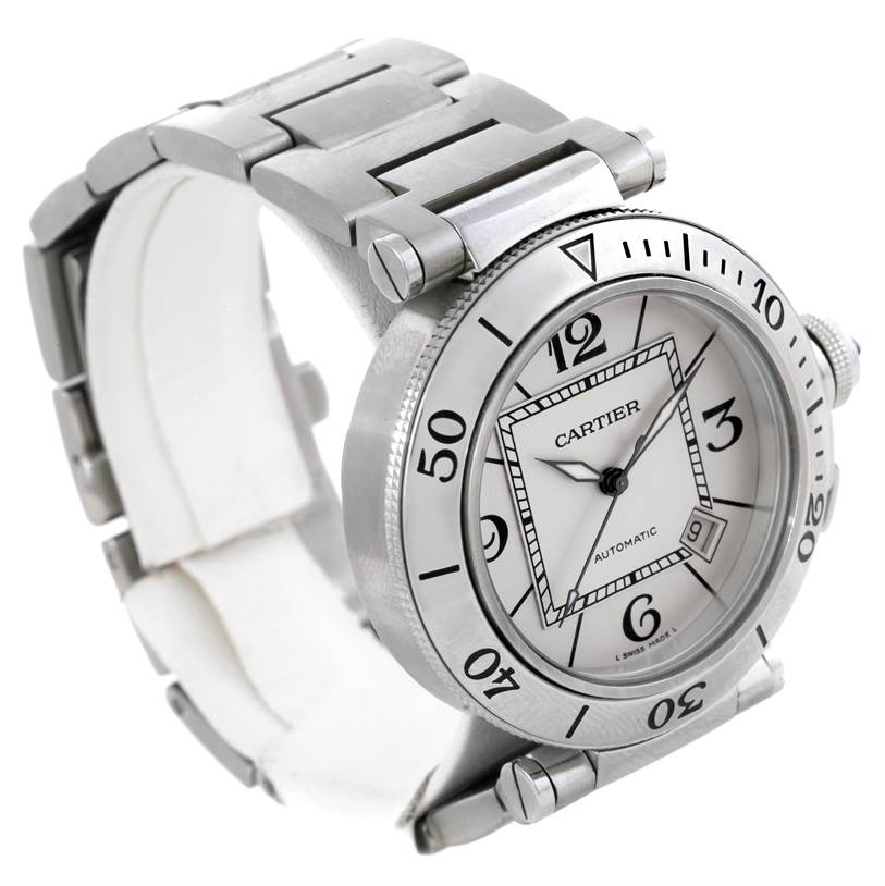 This image shows a Cartier Pasha W31080M7 Men
s Stainless Steel Silver Dial W31080M7 Men
s Stainless Steel Silver Dial watch at an angle highlighting the dial, bezel, bracelet, and crown.