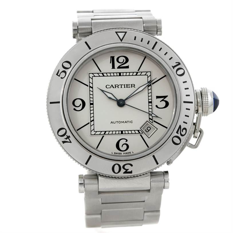 This image shows a front view of a Cartier Pasha W31080M7 Men
s Stainless Steel Silver Dial W31080M7 Men
s Stainless Steel Silver Dial model watch, displaying its face, bezel, hands, and metal bracelet.