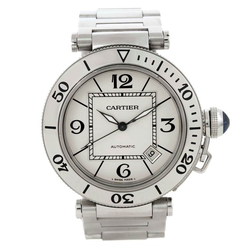 The image shows a front view of the Cartier Pasha W31080M7 Men's Stainless Steel Silver Dial W31080M7 Men's Stainless Steel Silver Dial watch, highlighting its bezel, dial, hands, and bracelet.