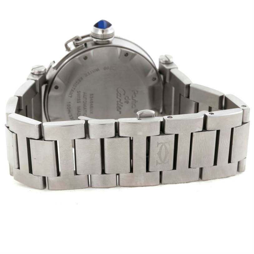 The image shows the back view of a Cartier Pasha W31080M7 Men's Stainless Steel Silver Dial W31080M7 Men's Stainless Steel Silver Dial watch, highlighting its stainless steel bracelet and case back.