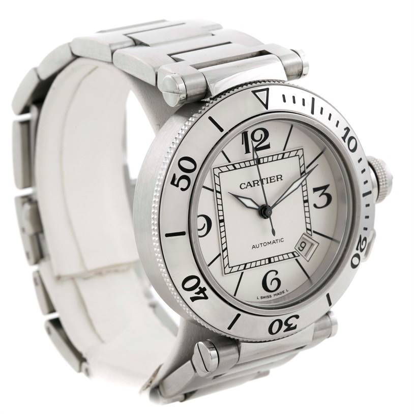 The image shows a side angle view of the Cartier Pasha W31080M7 Men's Stainless Steel Silver Dial W31080M7 Men's Stainless Steel Silver Dial watch model, highlighting the bezel, case, dial, and metal bracelet.