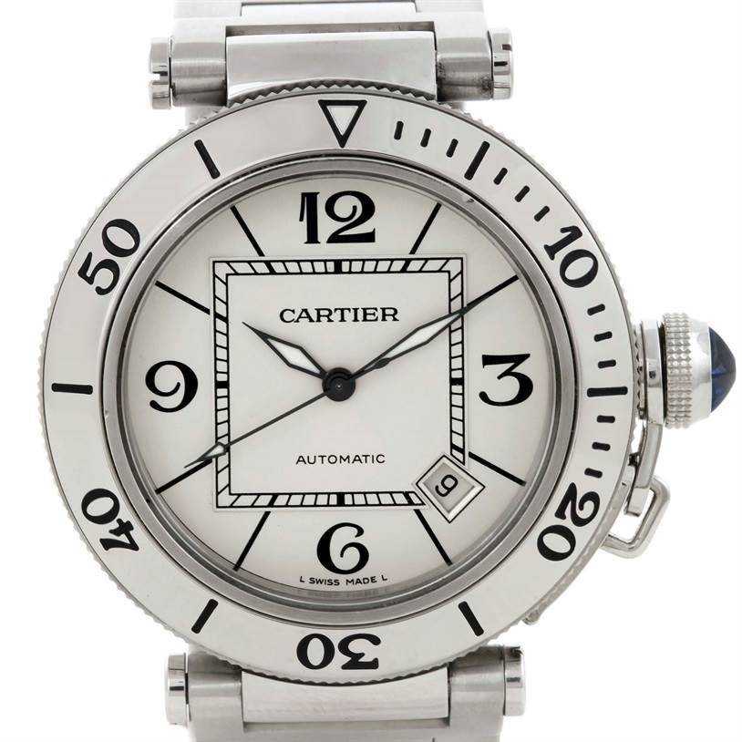 This image shows a front view of the Cartier Pasha W31080M7 Men's Stainless Steel Silver Dial W31080M7 Men's Stainless Steel Silver Dial watch, displaying its face, bezel, and crown.