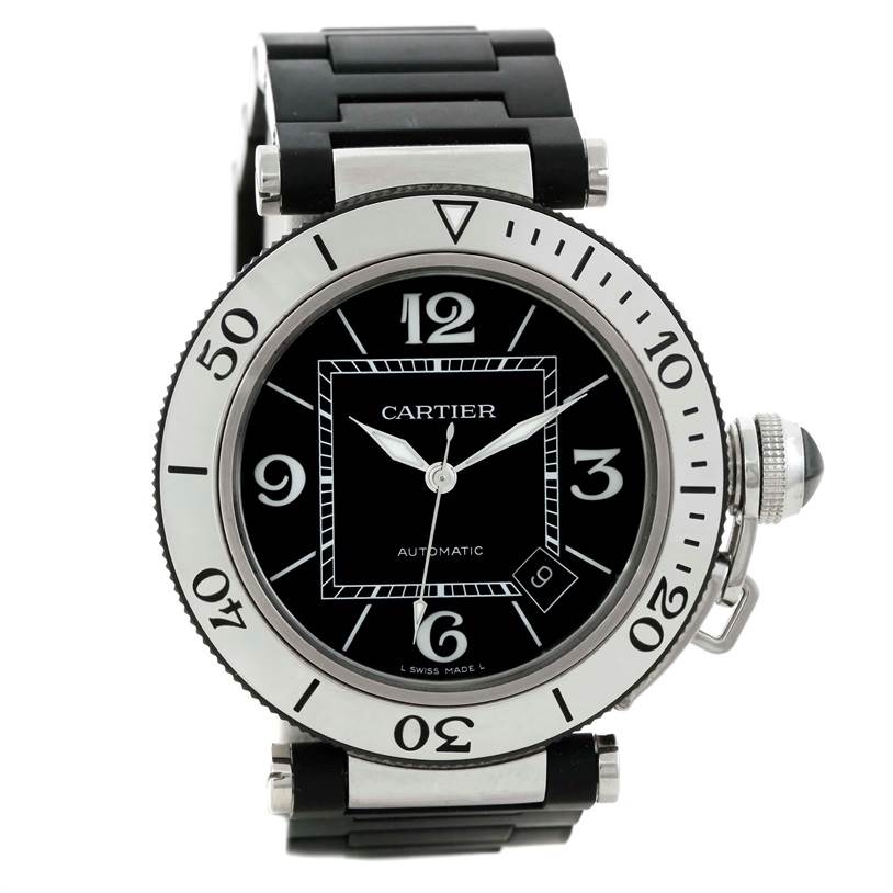 This image shows a front view of the Cartier Pasha W31077U2 Men
s Stainless Steel Black Dial W31077U2 Men
s Stainless Steel Black Dial model watch, highlighting the dial, bezel, and strap.