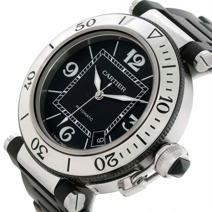 The image shows a detailed front and side view of a Cartier Pasha W31077U2 Men
s Stainless Steel Black Dial W31077U2 Men
s Stainless Steel Black Dial watch, highlighting the dial, bezel, and crown.