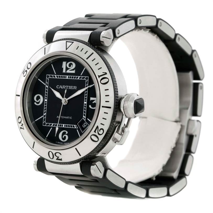 The image shows a Cartier Pasha W31077U2 Men
s Stainless Steel Black Dial W31077U2 Men
s Stainless Steel Black Dial watch at an angled side view, highlighting the bezel, dial, crown, and bracelet.
