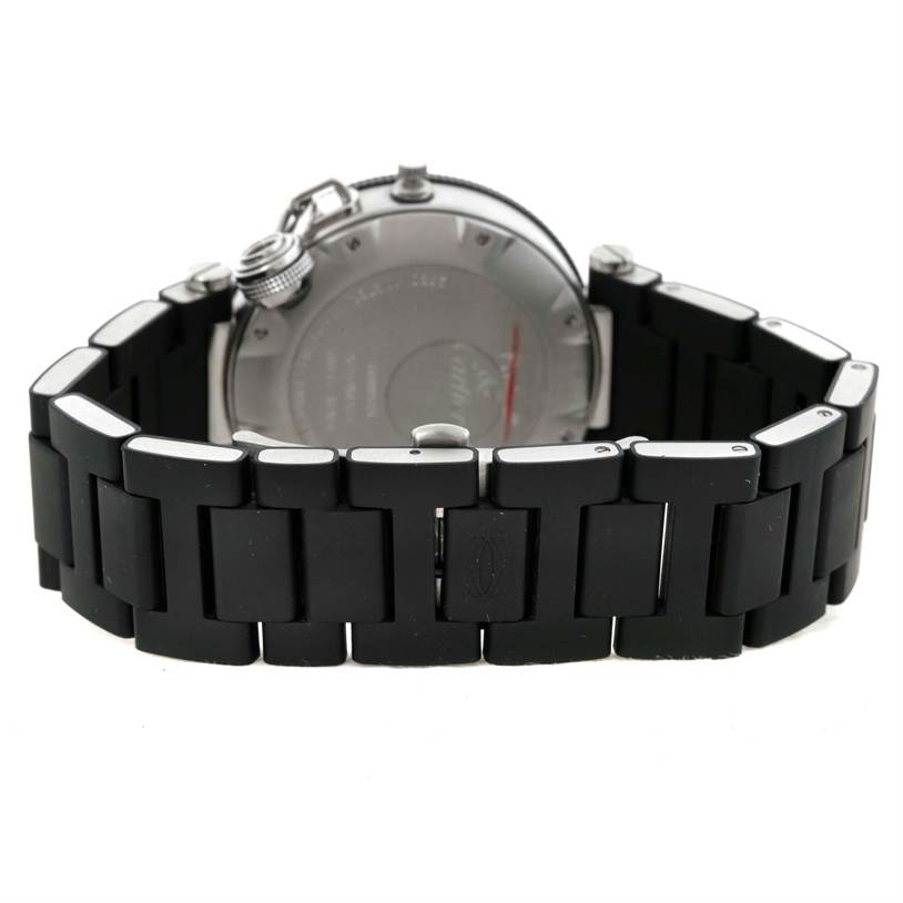 This image shows the back of the Cartier Pasha W31077U2 Men
s Stainless Steel Black Dial W31077U2 Men
s Stainless Steel Black Dial watch and its black link strap.