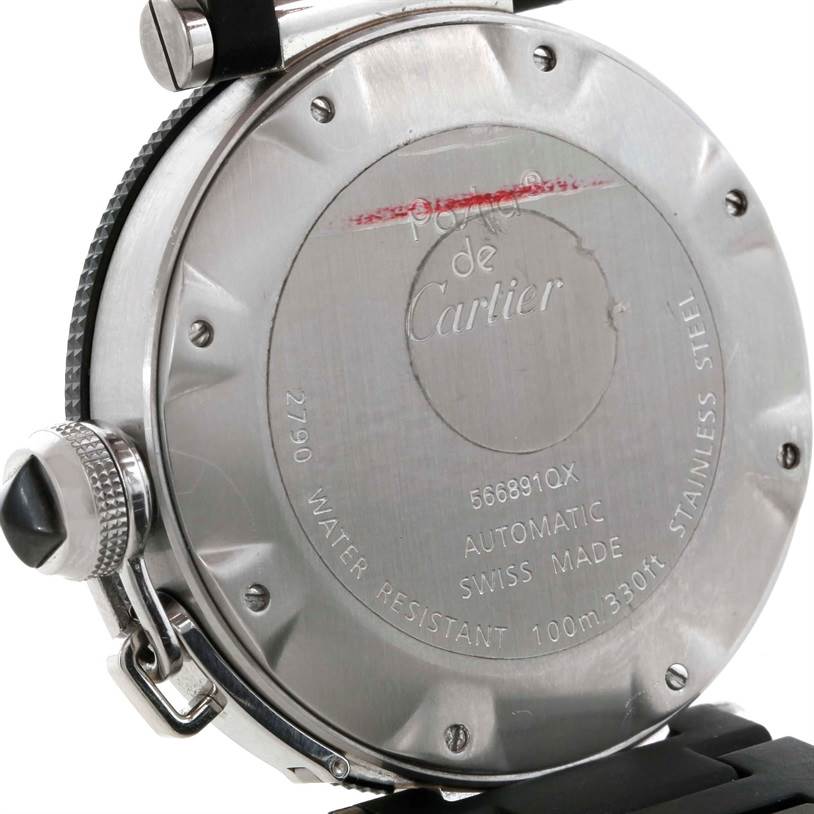The image shows the back case of a Cartier Pasha W31077U2 Men
s Stainless Steel Black Dial W31077U2 Men
s Stainless Steel Black Dial watch, highlighting its automatic movement and water resistance details.