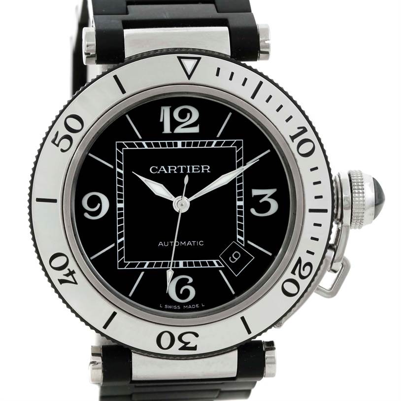 This image shows a front view of the Cartier Pasha W31077U2 Men
s Stainless Steel Black Dial W31077U2 Men
s Stainless Steel Black Dial model watch, displaying the dial, bezel, and part of the strap.