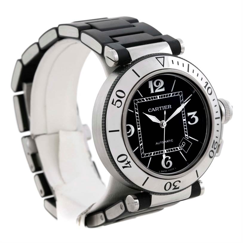 The Cartier Pasha W31077U2 Men
s Stainless Steel Black Dial W31077U2 Men
s Stainless Steel Black Dial watch is shown at a three-quarter angle, highlighting the face, bezel, and bracelet.