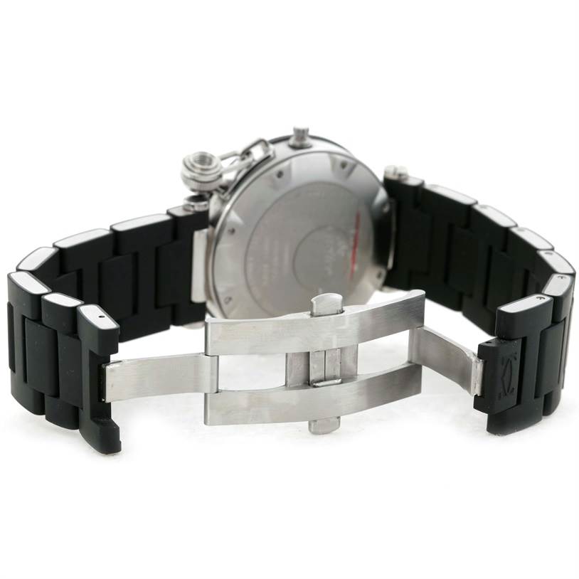 The image shows the back of a Cartier Pasha W31077U2 Men
s Stainless Steel Black Dial W31077U2 Men
s Stainless Steel Black Dial watch, highlighting its clasp and bracelet.