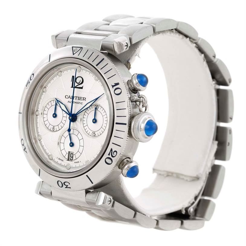 The Cartier Pasha W31030H3 Men
s Stainless Steel Silver Dial W31030H3 Men
s Stainless Steel Silver Dial watch is shown at a slight angle, displaying the face, bezel, crown, pushers, and part of the bracelet.