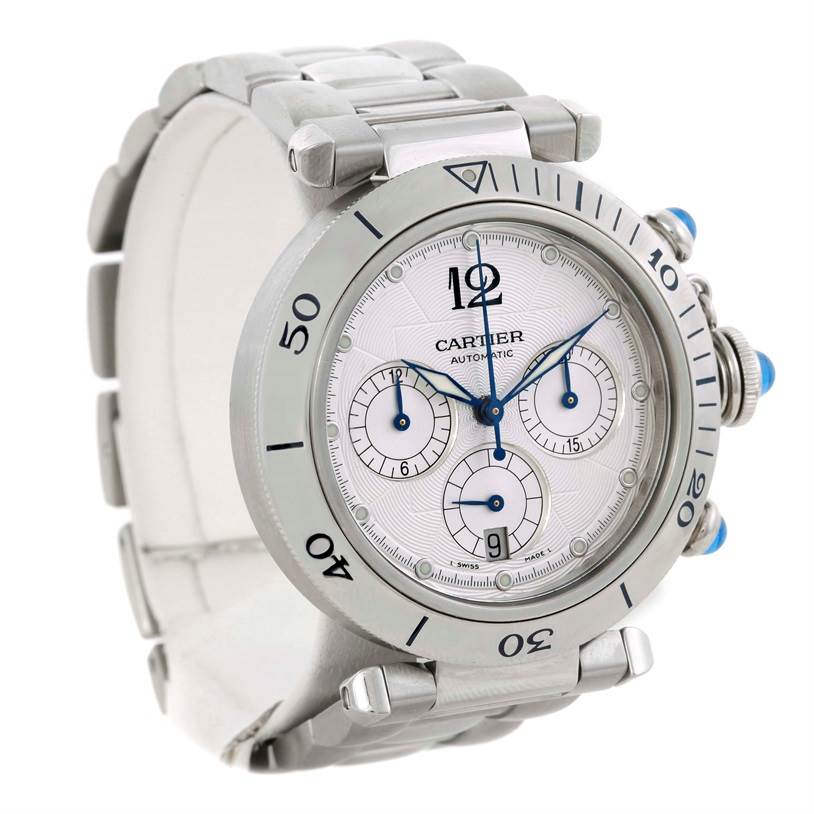 This image shows the front and side view of a Cartier Pasha W31030H3 Men
s Stainless Steel Silver Dial W31030H3 Men
s Stainless Steel Silver Dial model watch, highlighting the face, bezel, and metal strap.