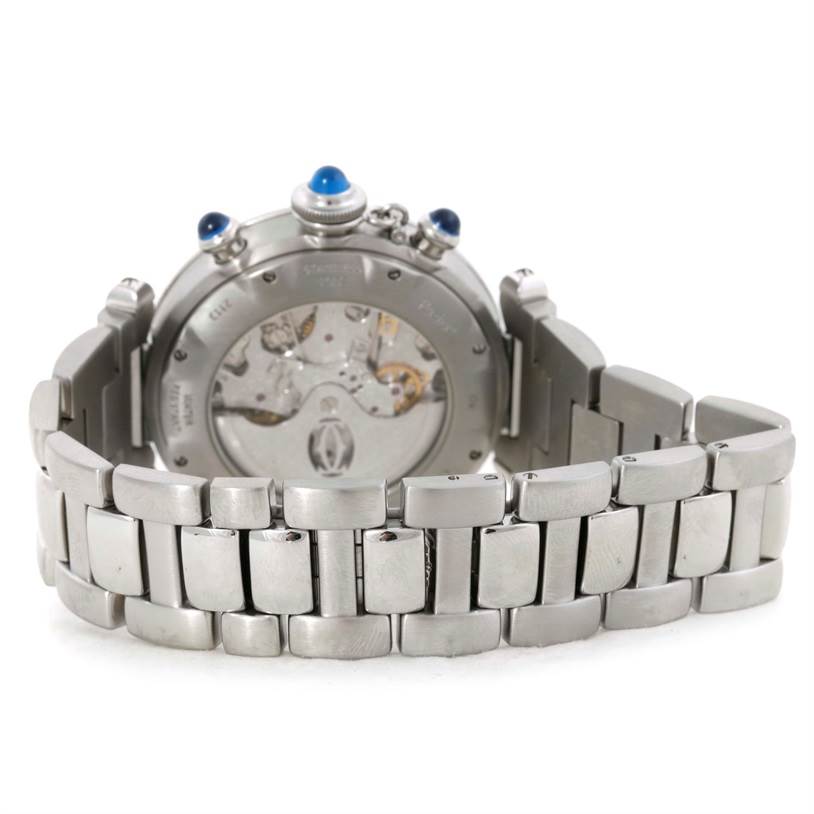 The image shows the back view of a Cartier Pasha W31030H3 Men
s Stainless Steel Silver Dial W31030H3 Men
s Stainless Steel Silver Dial watch, highlighting the metal bracelet and parts of the watch
s back case.