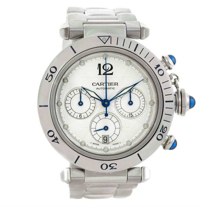 The image shows a front view of the Cartier Pasha W31030H3 Men
s Stainless Steel Silver Dial W31030H3 Men
s Stainless Steel Silver Dial watch, highlighting its bracelet, bezel, dial, and chrono pushers.