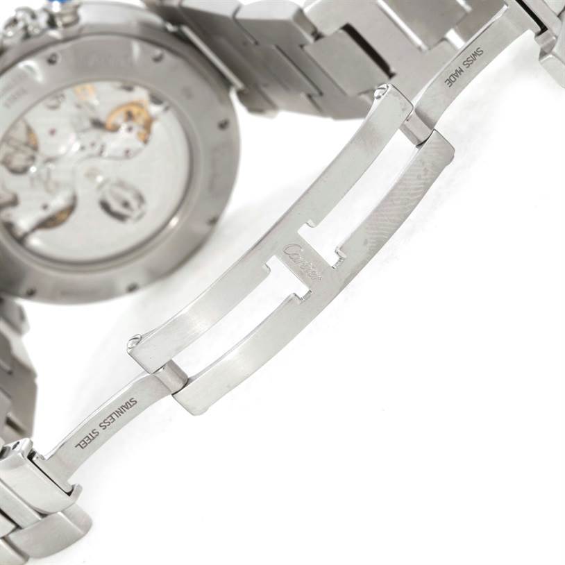 This image shows the back and clasp of a Pasha model watch by Cartier, highlighting the stainless steel bracelet and deployment clasp.