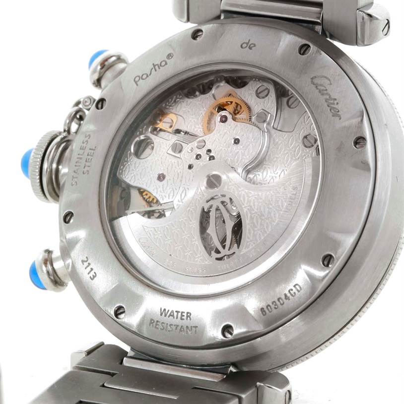 This image shows the back view of the Cartier Pasha W31030H3 Men
s Stainless Steel Silver Dial W31030H3 Men
s Stainless Steel Silver Dial watch, highlighting its stainless steel case and visible mechanical movement.