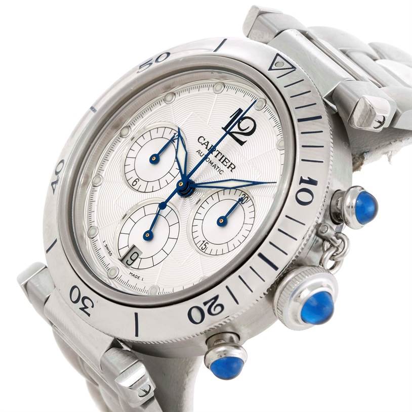 This image shows a close-up angle of the Cartier Pasha W31030H3 Men
s Stainless Steel Silver Dial W31030H3 Men
s Stainless Steel Silver Dial watch, highlighting its dial, chronograph sub-dials, bezel, and crown.