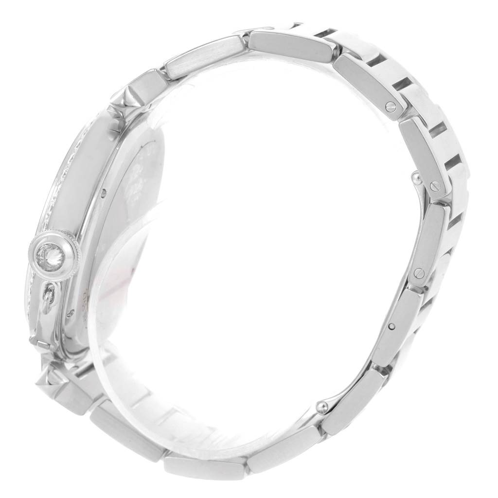 This image shows a side view of the Cartier Pasha WJ1202M9 Men's White Gold Silver Dial WJ1202M9 Men's White Gold Silver Dial watch, highlighting the crown and part of the metal bracelet.