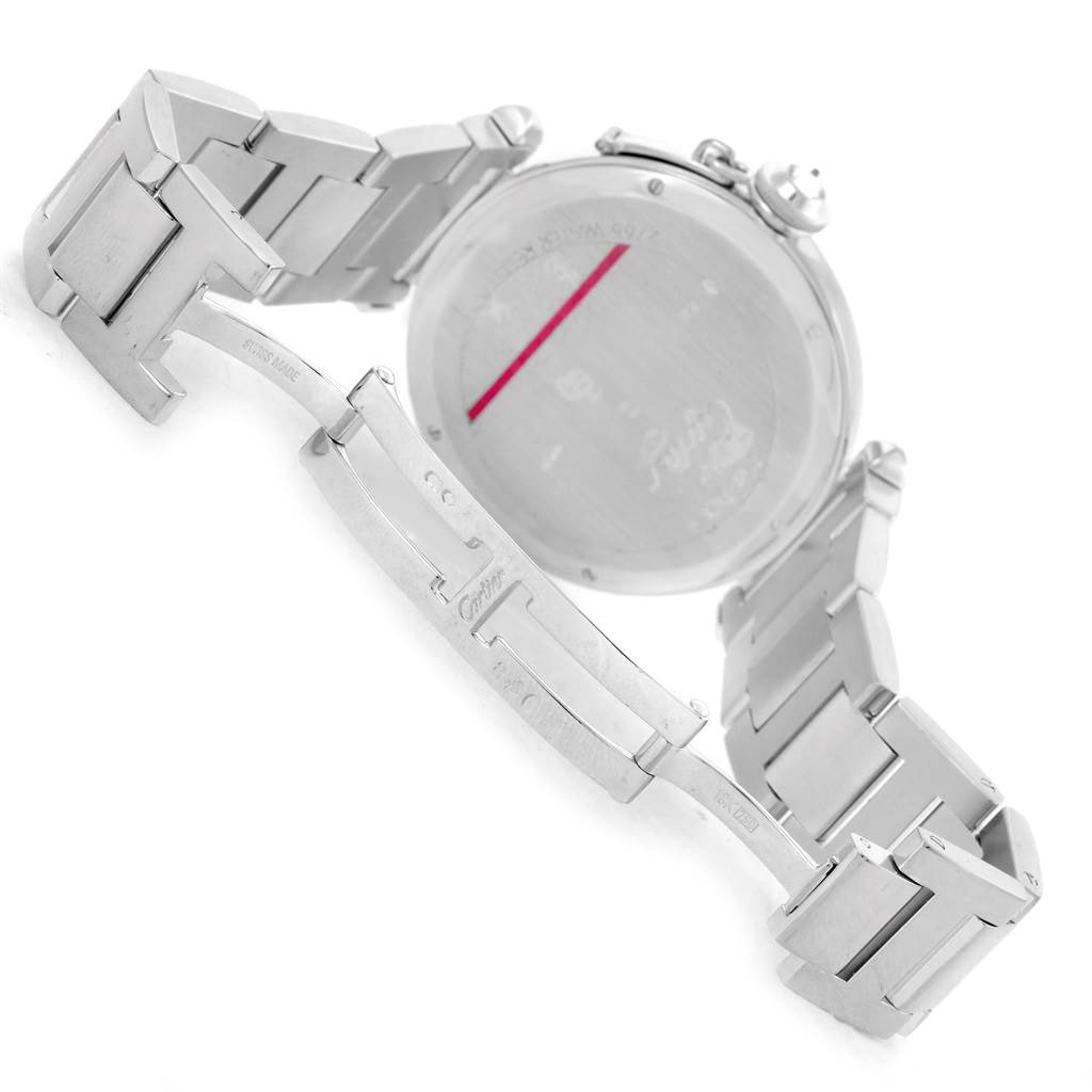 The image shows the back and clasp of a Cartier Pasha WJ1202M9 Men's White Gold Silver Dial WJ1202M9 Men's White Gold Silver Dial watch at an angle.