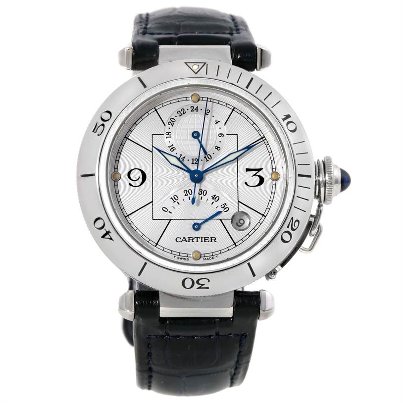 This image shows a Cartier Pasha W31037H3 Men
s Stainless Steel Silver Dial W31037H3 Men
s Stainless Steel Silver Dial watch from a front angle, highlighting the dial, bezel, and strap.