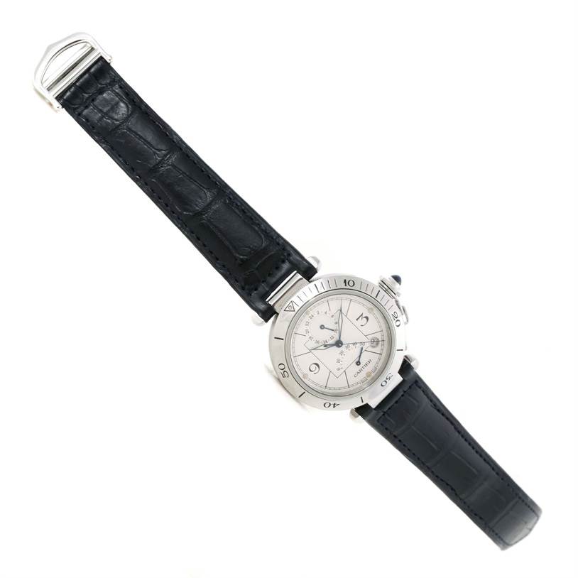 The Cartier Pasha W31037H3 Men
s Stainless Steel Silver Dial W31037H3 Men
s Stainless Steel Silver Dial watch is shown from a top-down angle, displaying its face and black leather strap.