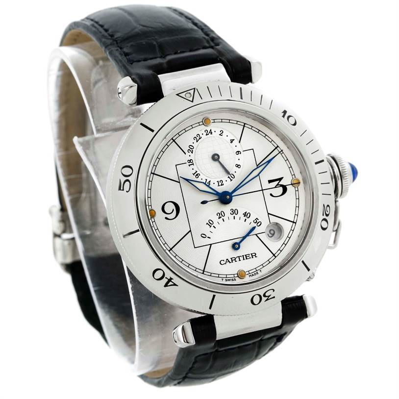 This image shows the Cartier Pasha W31037H3 Men
s Stainless Steel Silver Dial W31037H3 Men
s Stainless Steel Silver Dial watch from an angled front view, displaying its face, bezel, and black leather strap.