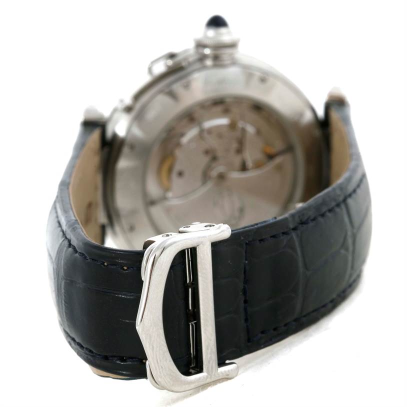 The image displays the back side of a Cartier Pasha W31037H3 Men
s Stainless Steel Silver Dial W31037H3 Men
s Stainless Steel Silver Dial watch, showcasing the buckle and part of the leather strap.