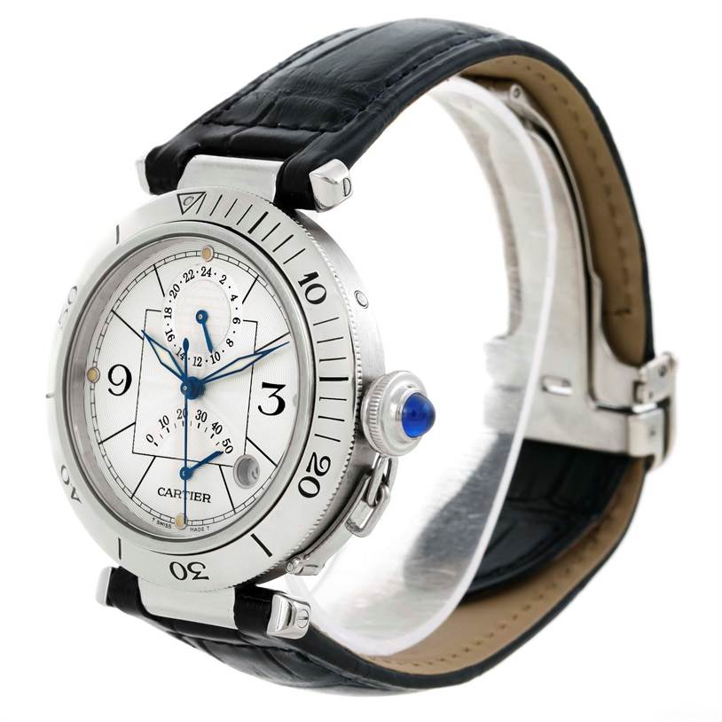 The Cartier Pasha W31037H3 Men
s Stainless Steel Silver Dial W31037H3 Men
s Stainless Steel Silver Dial watch is shown from a front-side angle, displaying the face, crown, and leather strap.
