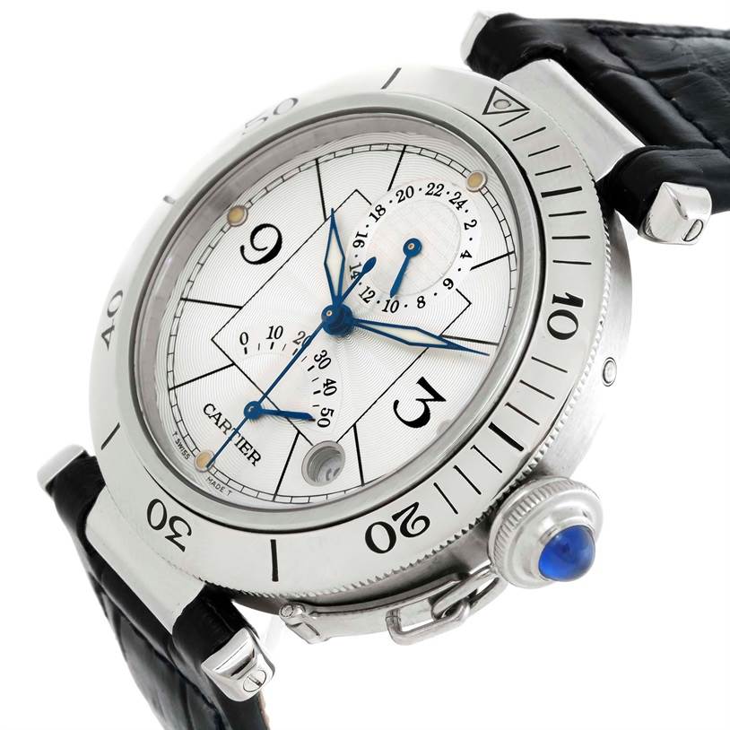 This image shows a Cartier Pasha W31037H3 Men
s Stainless Steel Silver Dial W31037H3 Men
s Stainless Steel Silver Dial watch from an angled perspective, highlighting the face, strap, and crown with a blue cabochon.