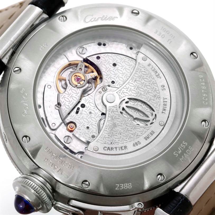 This image shows the case back of the Cartier Pasha W31037H3 Men
s Stainless Steel Silver Dial W31037H3 Men
s Stainless Steel Silver Dial watch, revealing its intricate mechanical movement.