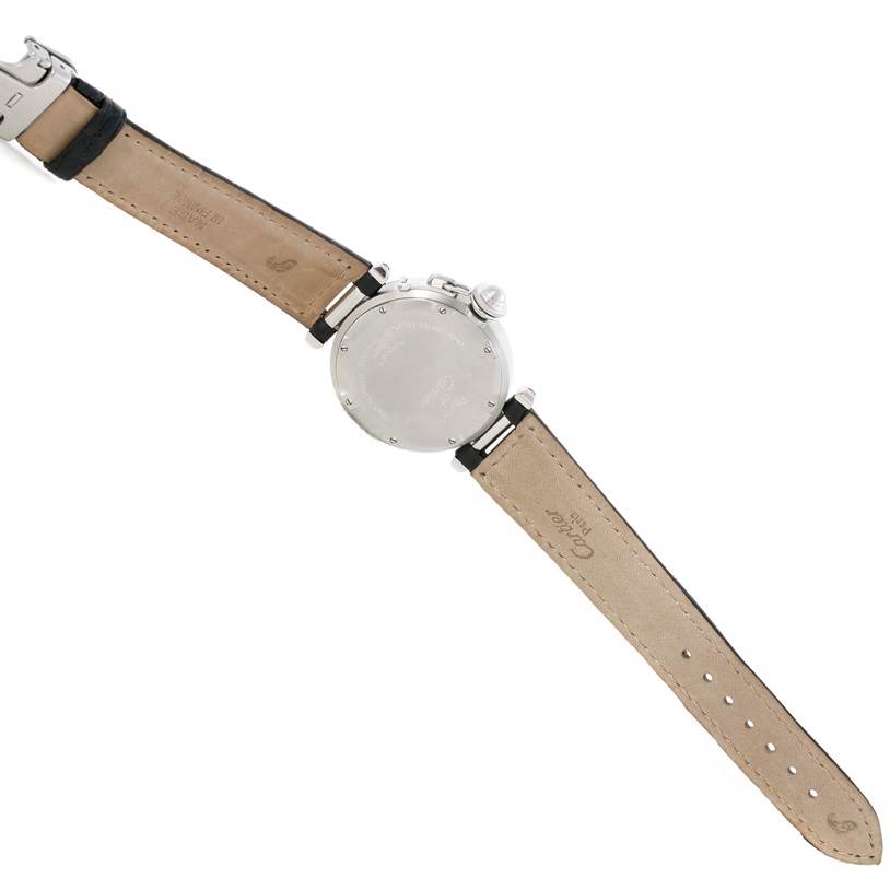 The image shows the back view of a Cartier Pasha W31055M7 Men's Stainless Steel Silver Dial W31055M7 Men's Stainless Steel Silver Dial model watch, highlighting the case back and leather straps.