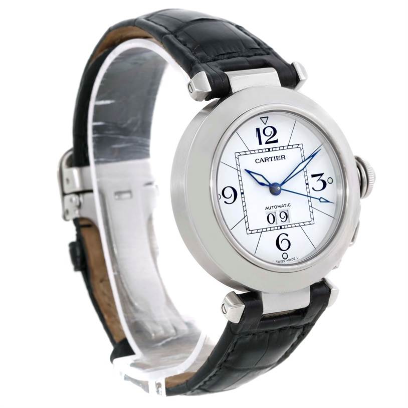 This image shows a Cartier Pasha W31055M7 Men's Stainless Steel Silver Dial W31055M7 Men's Stainless Steel Silver Dial watch at a three-quarter angle, displaying the face, bezel, crown, and black leather strap.