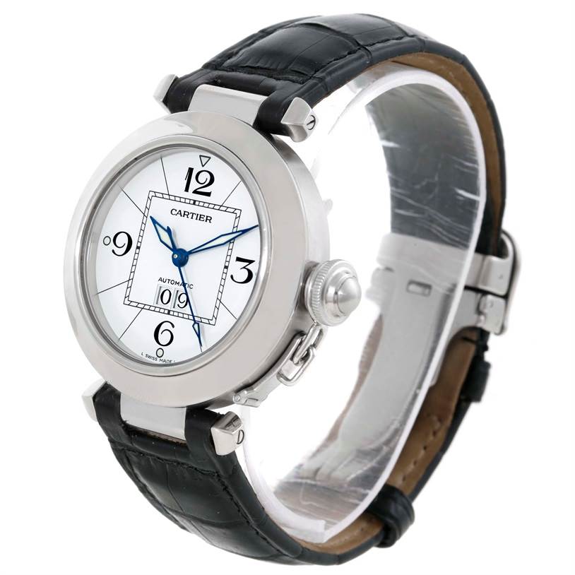 The Cartier Pasha W31055M7 Men's Stainless Steel Silver Dial W31055M7 Men's Stainless Steel Silver Dial watch is shown at a slight angle, displaying its face, crown, black leather strap, and part of the clasp.