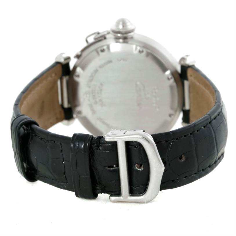 This image shows the back view of the Cartier Pasha W31055M7 Men's Stainless Steel Silver Dial W31055M7 Men's Stainless Steel Silver Dial watch, featuring its case back, black leather strap, and buckle.