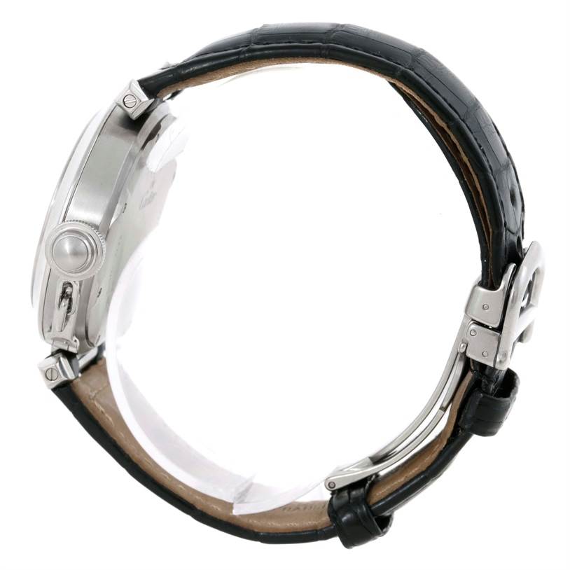 The image shows a side view of a Cartier Pasha W31055M7 Men's Stainless Steel Silver Dial W31055M7 Men's Stainless Steel Silver Dial watch, highlighting its case, crown, and black leather strap.