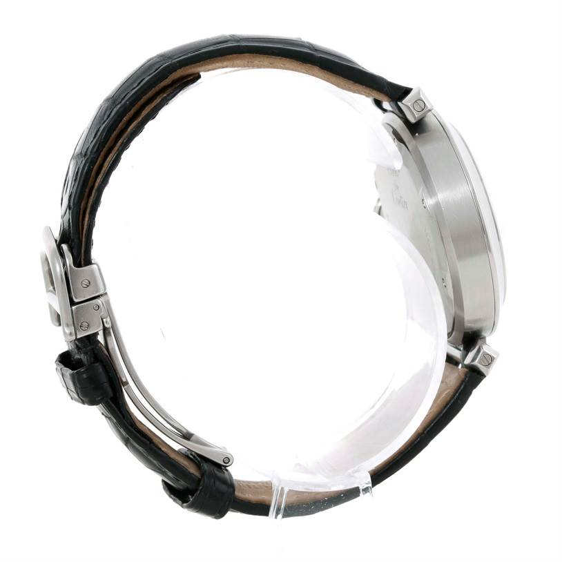 The image shows a side view of the Cartier Pasha W31055M7 Men's Stainless Steel Silver Dial W31055M7 Men's Stainless Steel Silver Dial watch, highlighting the case, lugs, and leather strap with a buckle.