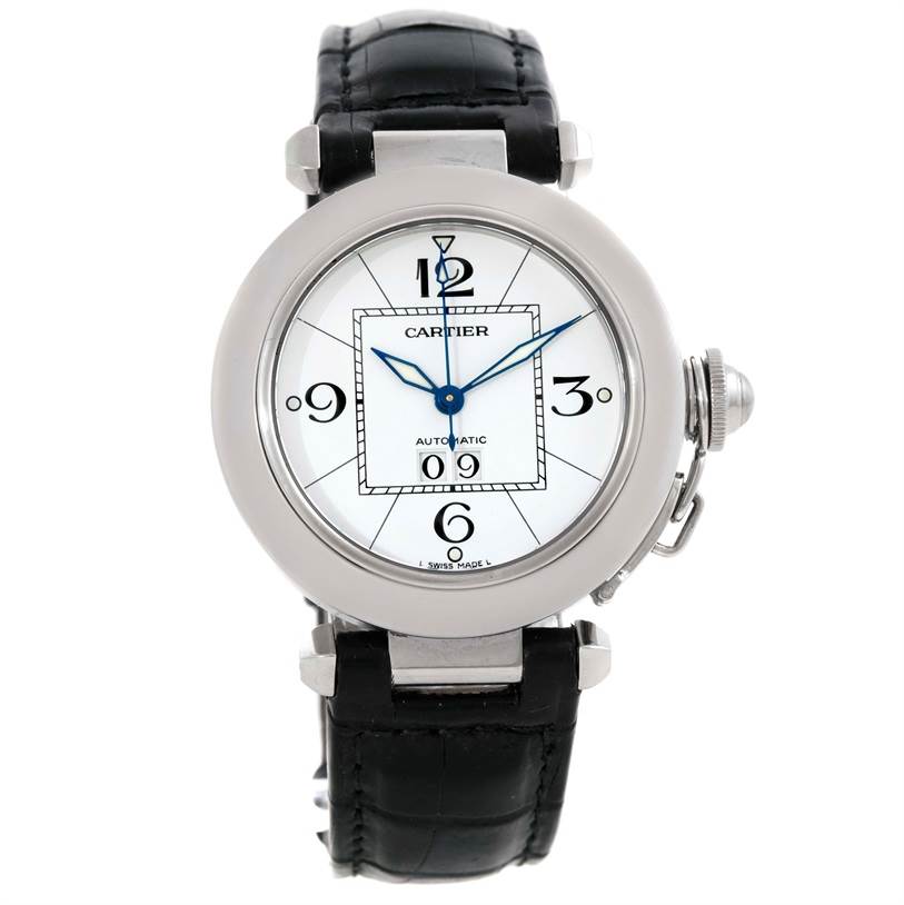 This image shows a front view of a Cartier Pasha W31055M7 Men's Stainless Steel Silver Dial W31055M7 Men's Stainless Steel Silver Dial watch, highlighting its face, hands, and part of the strap.