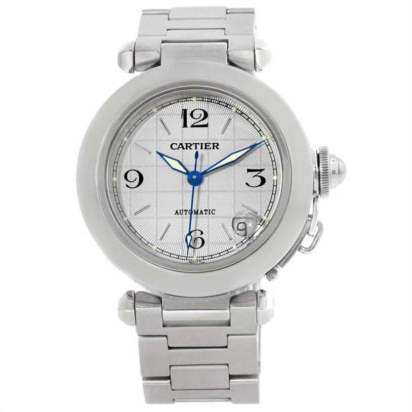 This image shows a front view of a Cartier Pasha W31023M7 Men's Stainless Steel Grey Dial W31023M7 Men's Stainless Steel Grey Dial model watch, displaying its face, hands, and band.