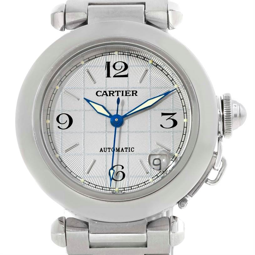 The image shows a frontal view of a Cartier Pasha W31023M7 Men's Stainless Steel Grey Dial W31023M7 Men's Stainless Steel Grey Dial watch, highlighting its face, hands, and part of the bracelet.