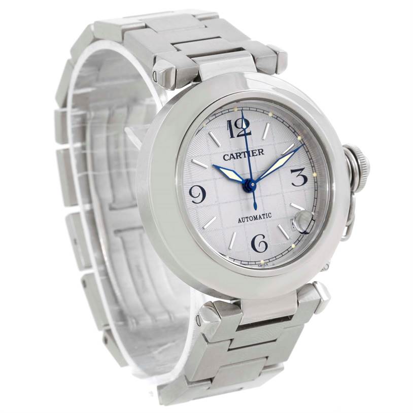 The Cartier Pasha W31023M7 Men's Stainless Steel Grey Dial W31023M7 Men's Stainless Steel Grey Dial watch is shown from a front angle, displaying its face, bracelet, clasp, and crown.