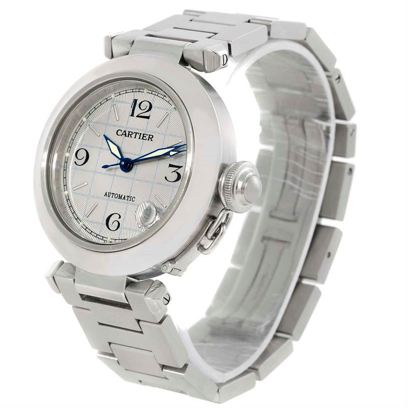 Cartier Pasha C Mens Steel Grey Grid Dial Watch W31023M7 SwissWatchExpo