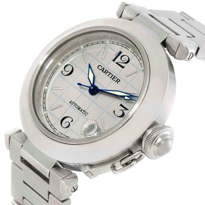 The image shows a Cartier Pasha W31023M7 Men's Stainless Steel Grey Dial W31023M7 Men's Stainless Steel Grey Dial model watch from a slightly angled view, highlighting the dial, case, crown, and bracelet.